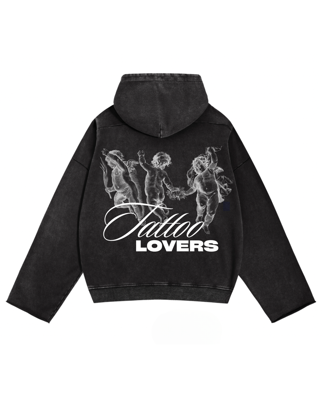 Washed Black Hoodie: Cherub Angels Back Print